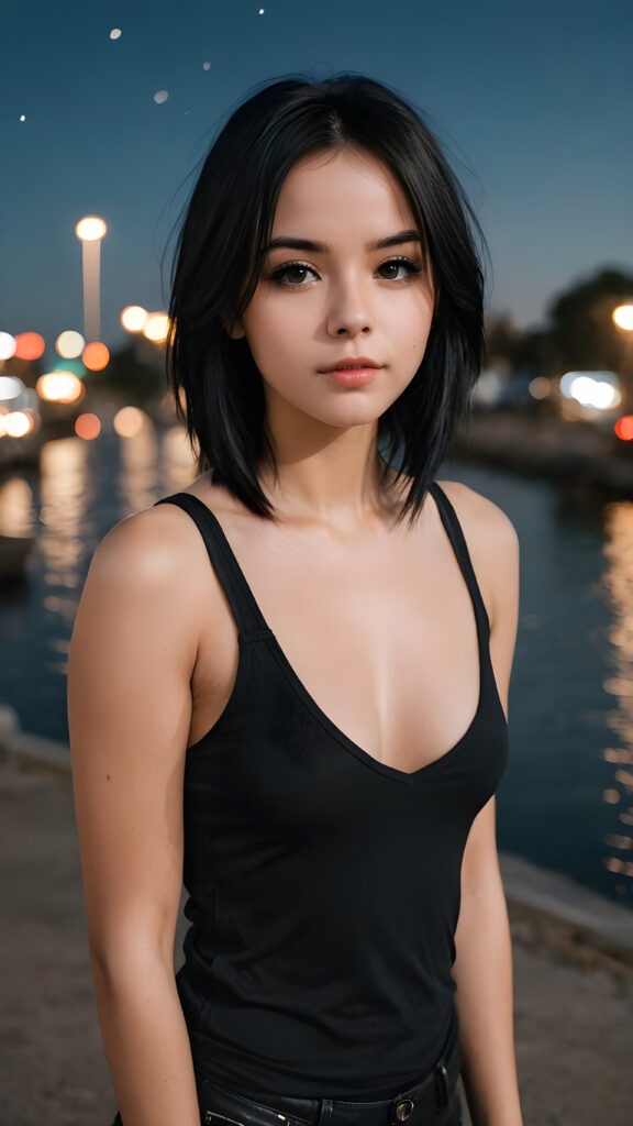 a super realistic and detailed photo from a young gorgeous stunning Emo girl in an plain black tank top, deep v-neck, long soft obsidian black straight hair that frame her round face, full lips, night in backdrop