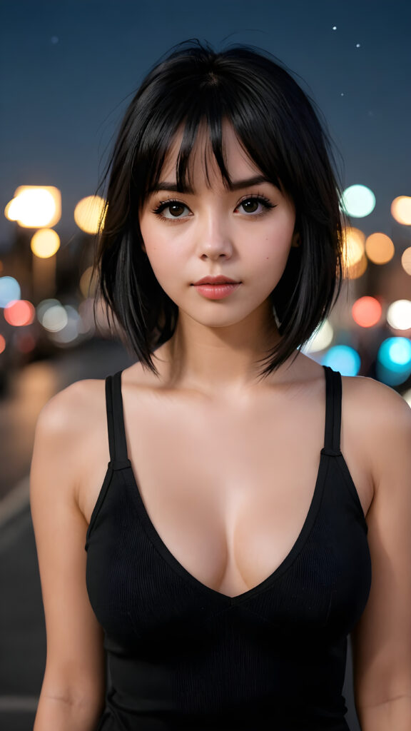 a super realistic and detailed photo from a young gorgeous stunning busty Emo girl in an plain black tank top, deep v-neck, long soft obsidian black straight hair that frame her round face, bangs, full lips, night in backdrop