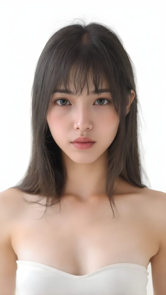 a super realistic upper body portrait, detailed face, perfect curved body, cute Asian teen girl, long obsidian black straight soft hair, Korean styled bangs, wear only a white short tight crop tank top with deep v-neck, perfect curved body, looks at the camera, perfect body, portrait shot, white background, perfect light an shadows