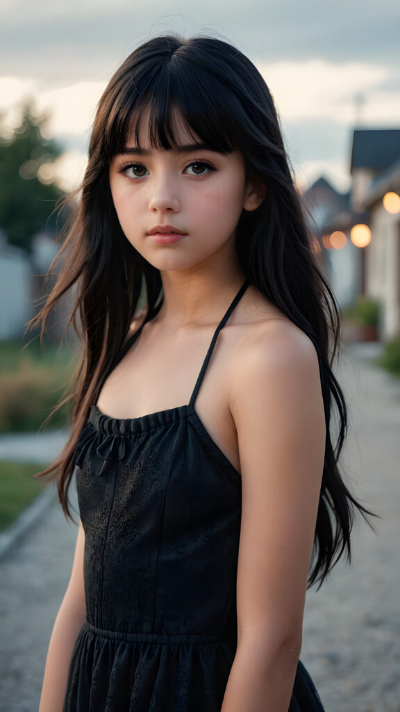 a super realistic and detailed portrait from a beautiful and innocent teen girl, 13 years old, against a plain backdrop, full body, character design, with long soft black hair and bangs, short cropped halter, full lips, big eyes, gloomy and eerie, volumetric light