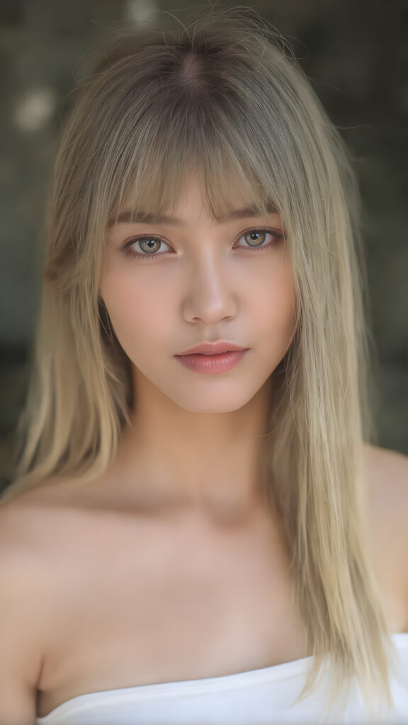 a super realistic upper body portrait, detailed face, perfect curved body, cute teen girl, long blonde straight soft hair, Korean styled bangs, wear only a white short tight crop tank top, looks at the camera, perfect body, portrait shot, natural backdrop