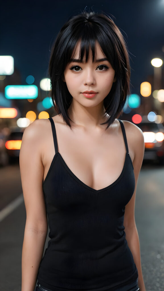 a super realistic and detailed photo from a young gorgeous stunning busty Emo girl in an plain black tank top, deep v-neck, long soft obsidian black straight hair that frame her round face, bangs, full lips, night in backdrop