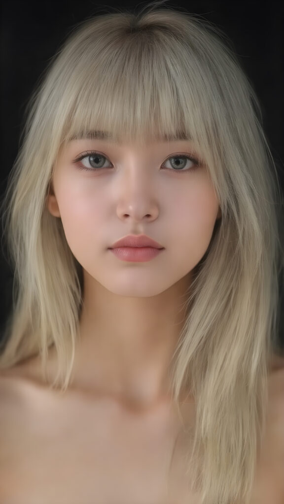 a super realistic upper body portrait, detailed face, perfect curved body, cute Asian teen girl, long blonde straight soft hair, Korean styled bangs, wear only a white short tight crop tank top, looks at the camera, perfect body, portrait shot, black background, perfect light an shadows