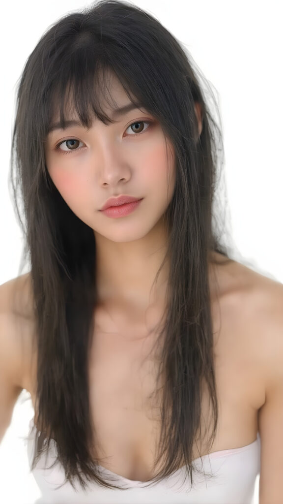 a super realistic upper body portrait, detailed face, perfect curved body, cute Asian teen girl, long obsidian black straight soft hair, Korean styled bangs, wear only a white short tight crop tank top with deep v-neck, perfect curved body, looks at the camera, perfect body, portrait shot, white background, perfect light an shadows