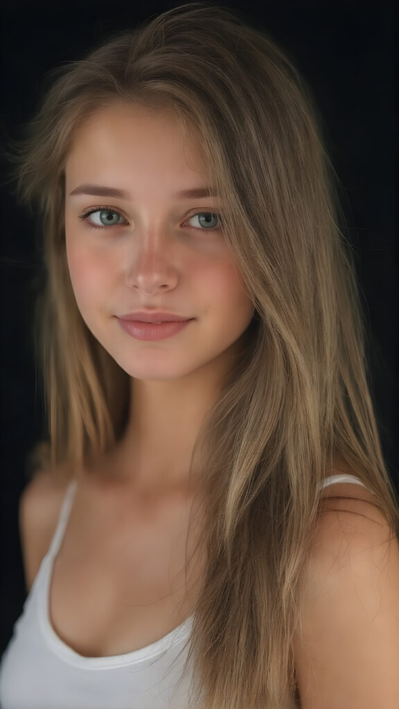 a super realistic upper body portrait, detailed face, perfect curved body, cute teen girl, long amber straight soft hair, brown eyes, warm smile, wear a white short tank top, looks at the camera, perfect body, portrait shot, dark backdrop