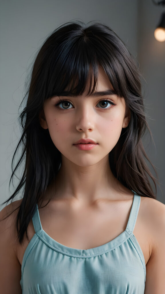 a super realistic and detailed portrait from a beautiful and innocent teen girl, 13 years old, against a plain backdrop, full body, character design, with long soft black hair and bangs, short cropped halter, full lips, big eyes, gloomy and eerie, volumetric light