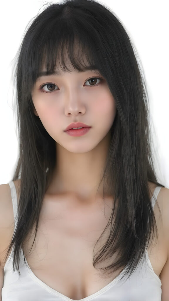 a super realistic upper body portrait, detailed face, perfect curved body, cute Asian teen girl, long obsidian black straight soft hair, Korean styled bangs, wear only a white short tight crop tank top with deep v-neck, perfect curved body, looks at the camera, perfect body, portrait shot, white background, perfect light an shadows