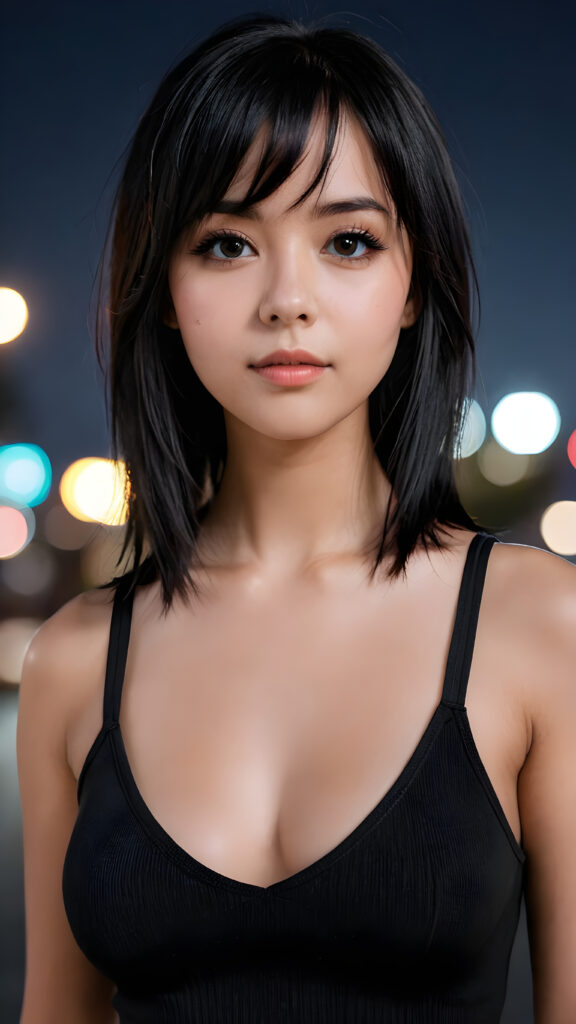 a super realistic and detailed photo from a young gorgeous stunning busty Emo girl in an plain black tank top, deep v-neck, long soft obsidian black straight hair that frame her round face, bangs, full lips, night in backdrop