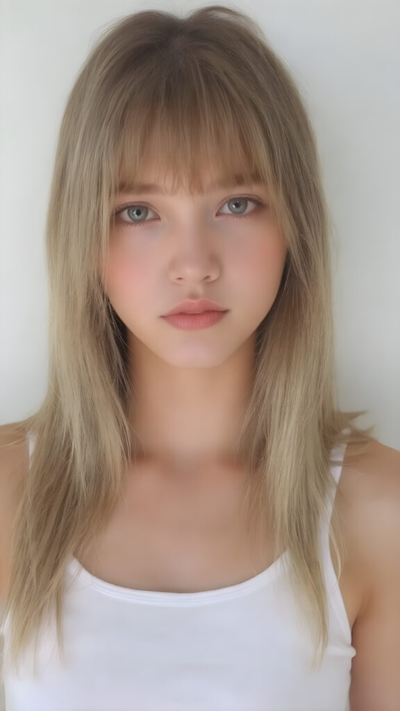 a super realistic upper body portrait, detailed face, perfect curved body, cute teen girl, long blonde straight soft hair, Korean styled bangs, wear only a white short tight crop tank top, looks at the camera, perfect body, portrait shot, natural backdrop