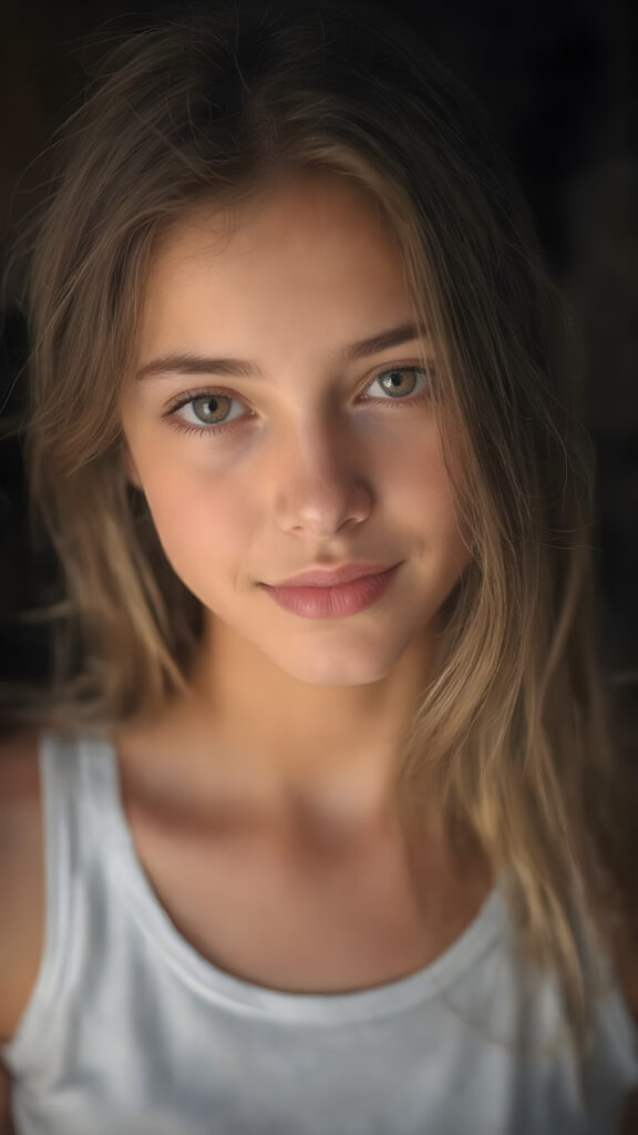 a super realistic upper body portrait, detailed face, perfect curved body, cute teen girl, long amber straight soft hair, brown eyes, warm smile, wear a white short tank top, looks at the camera, perfect body, portrait shot, dark backdrop