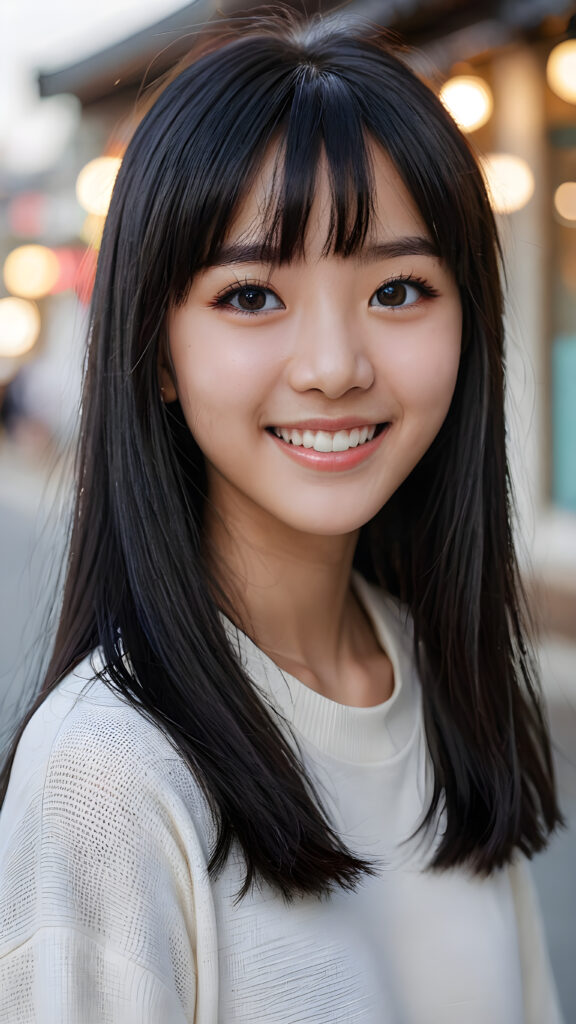 a super realistic, highly detailed, ((portrait from a young and petite Korean girl)), ((realistic eyes)), ((matching eyes)), ((perfect teeth)), ((with long soft straight black hair, bangs cut)), ((not too long)), ((not too short)), ((bright smile)), ((((perfect eyes)))))