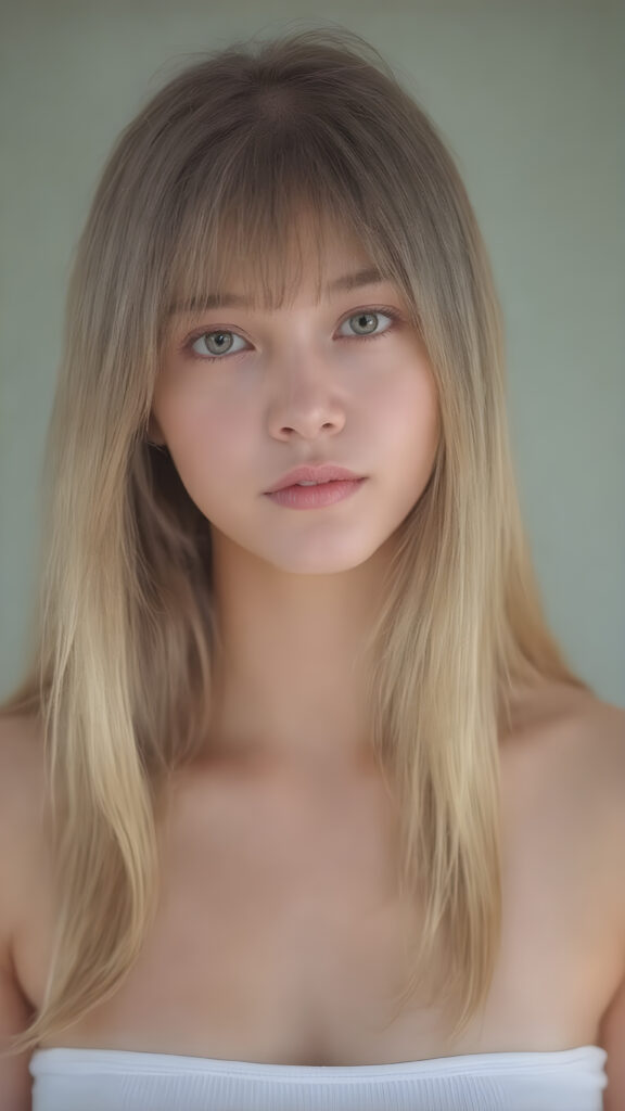 a super realistic upper body portrait, detailed face, perfect curved body, cute teen girl, long blonde straight soft hair, Korean styled bangs, wear only a white short tight crop tank top, looks at the camera, perfect body, portrait shot, natural backdrop