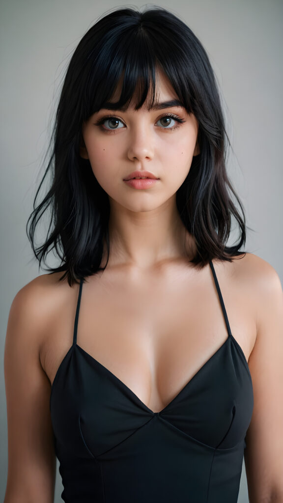 a super realistic and detailed portrait from a beautiful and innocent busty teen girl, against a plain backdrop, full body, character design, with long soft black hair and bangs, short cropped halter, full lips, big eyes, gloomy and eerie, volumetric light