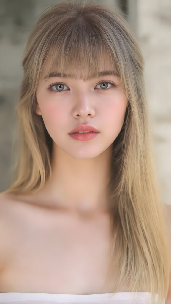 a super realistic upper body portrait, detailed face, perfect curved body, cute teen girl, long blonde straight soft hair, Korean styled bangs, wear only a white short tight crop tank top, looks at the camera, perfect body, portrait shot, natural backdrop