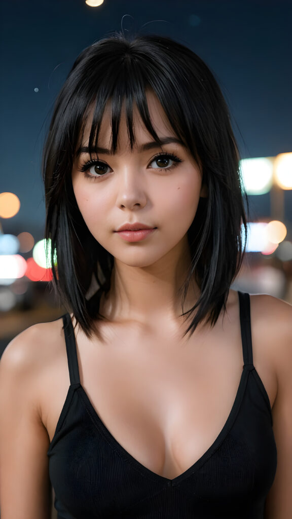 a super realistic and detailed photo from a young gorgeous stunning busty Emo girl in an plain black tank top, deep v-neck, long soft obsidian black straight hair that frame her round face, bangs, full lips, night in backdrop