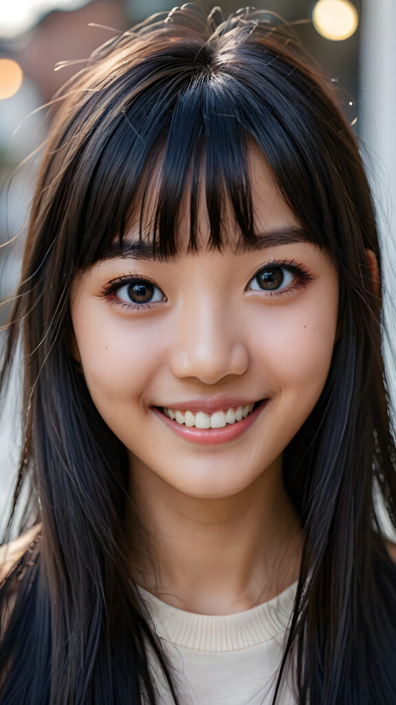 a super realistic, highly detailed, ((portrait from a young and petite Korean girl)), ((realistic eyes)), ((matching eyes)), ((perfect teeth)), ((with long soft straight black hair, bangs cut)), ((not too long)), ((not too short)), ((bright smile)), ((((perfect eyes)))))