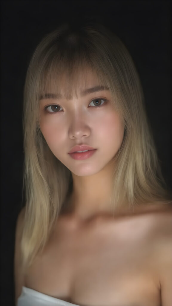 a super realistic upper body portrait, detailed face, perfect curved body, cute Asian teen girl, long blonde straight soft hair, Korean styled bangs, wear only a white short tight crop tank top, looks at the camera, perfect body, portrait shot, black background, perfect light an shadows