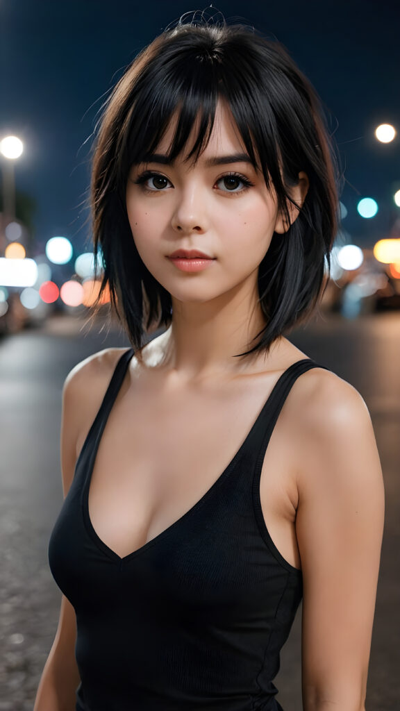 a super realistic and detailed photo from a young gorgeous stunning Emo girl in an plain black tank top, deep v-neck, long soft obsidian black straight hair that frame her round face, full lips, night in backdrop