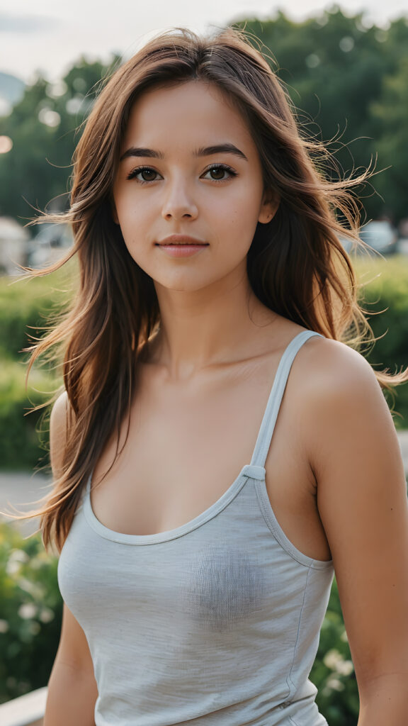 a super realistic and detailed photo from a young gorgeous stunning girl in an plain tank top, long soft hair