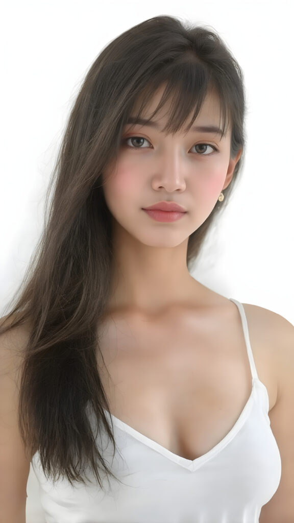 a super realistic upper body portrait, detailed face, perfect curved body, cute Asian teen girl, long obsidian black straight soft hair, Korean styled bangs, wear only a white short tight crop tank top with deep v-neck, perfect curved body, looks at the camera, perfect body, portrait shot, white background, perfect light an shadows