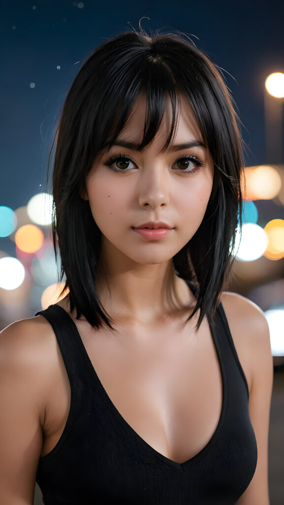 a super realistic and detailed photo from a young gorgeous stunning busty Emo girl in an plain black tank top, deep v-neck, long soft obsidian black straight hair that frame her round face, bangs, full lips, night in backdrop