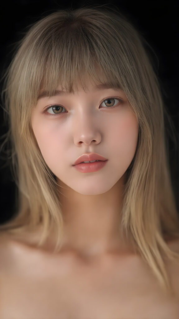 a super realistic upper body portrait, detailed face, perfect curved body, cute Asian teen girl, long blonde straight soft hair, Korean styled bangs, wear only a white short tight crop tank top, looks at the camera, perfect body, portrait shot, black background, perfect light an shadows