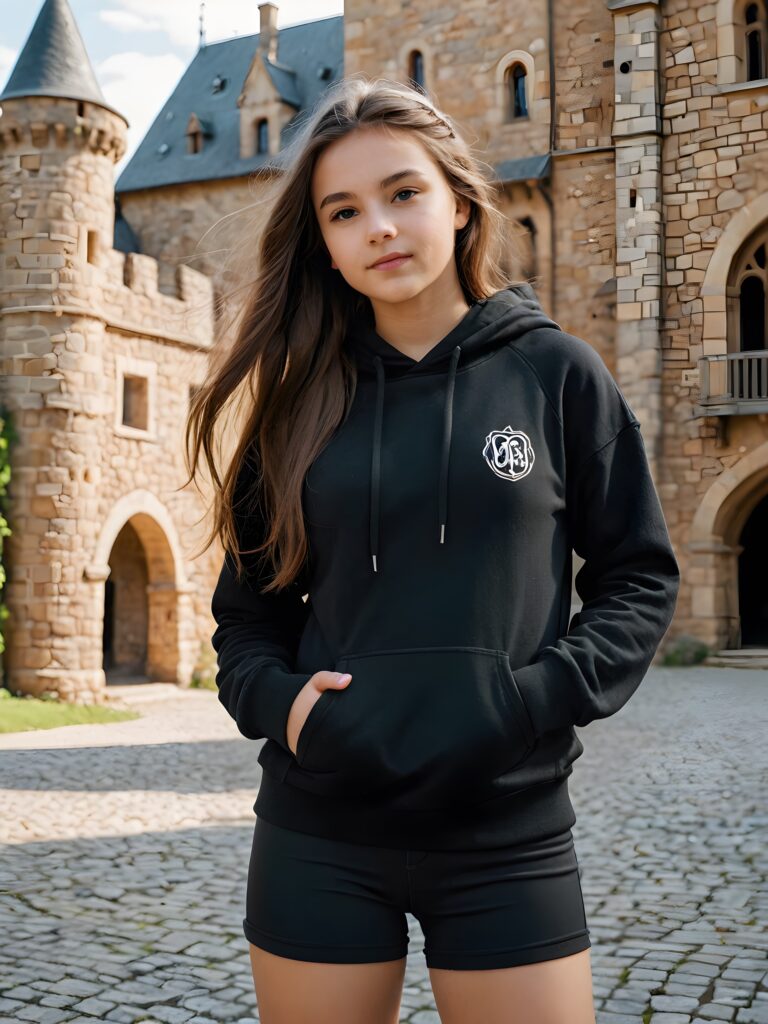 a (((sweet young teen girl))) dressed in a ((black short tight hoodie)), with long, flowing hair and standing confidently before a sprawling, ancient ((castle))