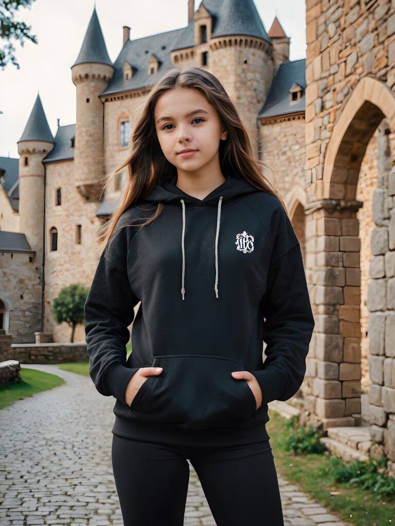 a (((sweet young teen girl))) dressed in a ((black short tight hoodie)), with long, flowing hair and standing confidently before a sprawling, ancient ((castle))