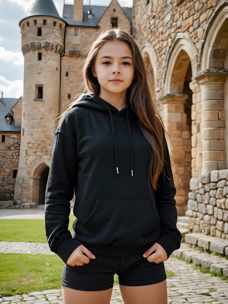 a (((sweet young teen girl))) dressed in a ((black short tight hoodie)), with long, flowing hair and standing confidently before a sprawling, ancient ((castle))