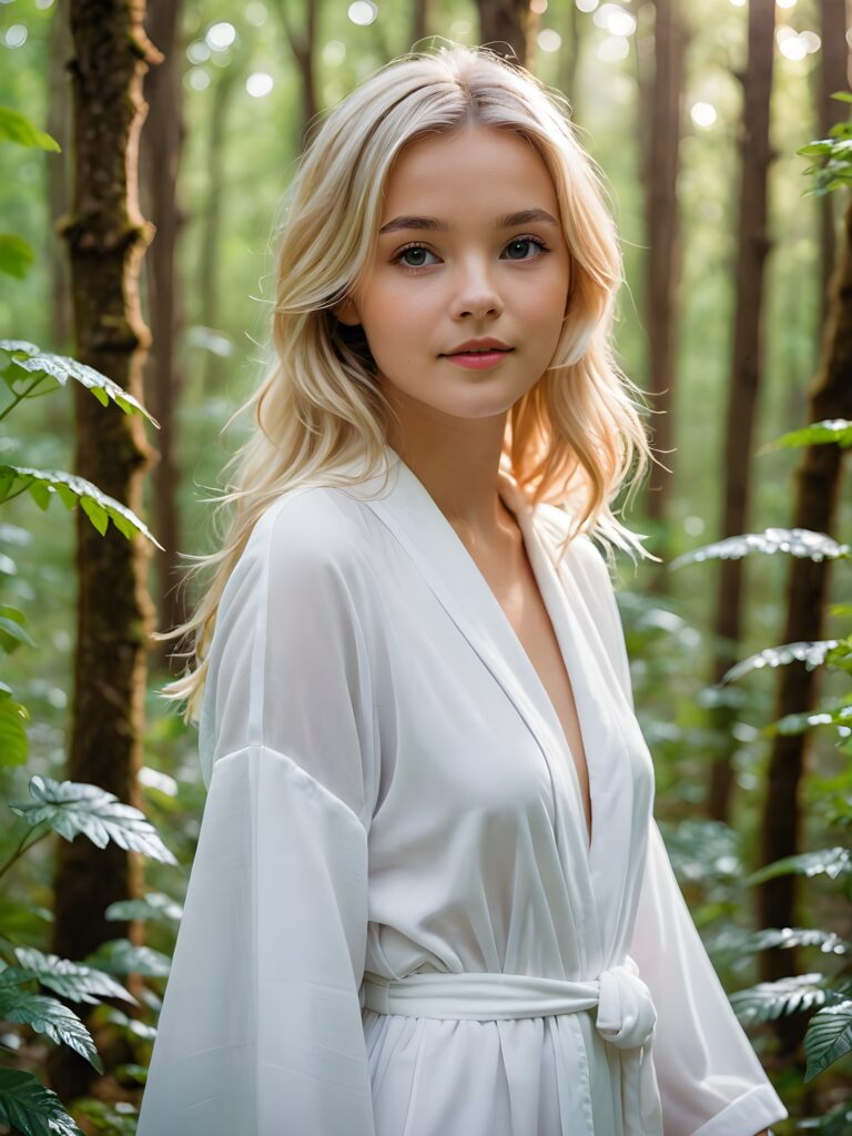 a (((sweet young girl))) in a (((mysterious forest))), where the plants emit a soft, ethereal glow that adds to the enchanting atmosphere. The girl wears a (((white, thin robe))), her blonde hair fluttering in the gentle breeze