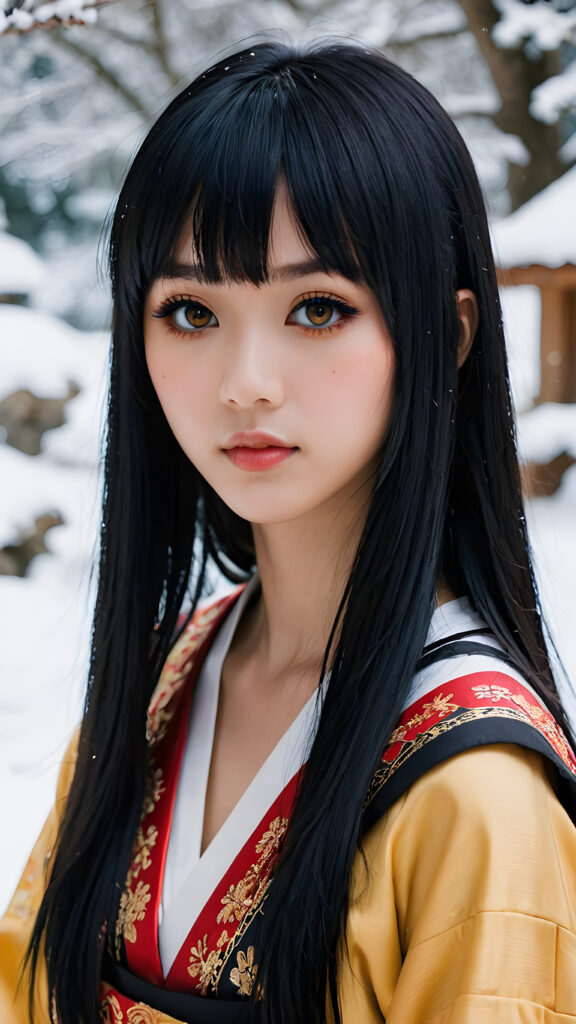 a (((teen Japanese emo girl with long, soft obsidian hair in bangs cut, amber eyes, full lips, she looks seductively at the viewer))), dressed in a (((traditional clothing))), set against a fantastical, snow-covered landscape that exudes a whimsically enchanting atmosphere