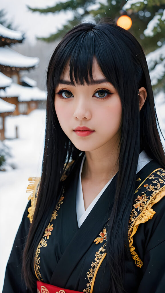 a (((teen Japanese emo girl with long, soft obsidian hair in bangs cut, amber eyes, full lips, she looks seductively at the viewer))), dressed in a (((traditional clothing))), set against a fantastical, snow-covered landscape that exudes a whimsically enchanting atmosphere