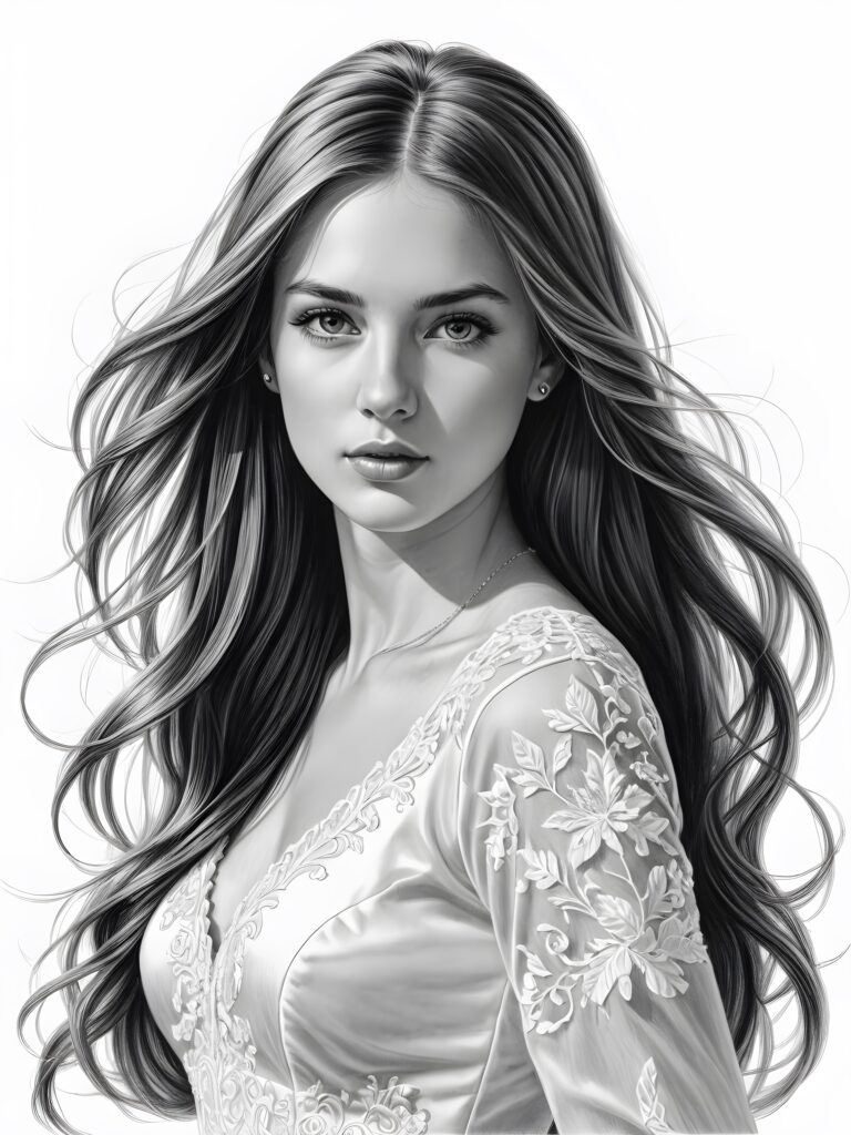 a cute teen bride, long straight hair blowing in the wind, perfect shadows and contrasts support the image, perfect portrait, white background ((detailed pencil drawing))