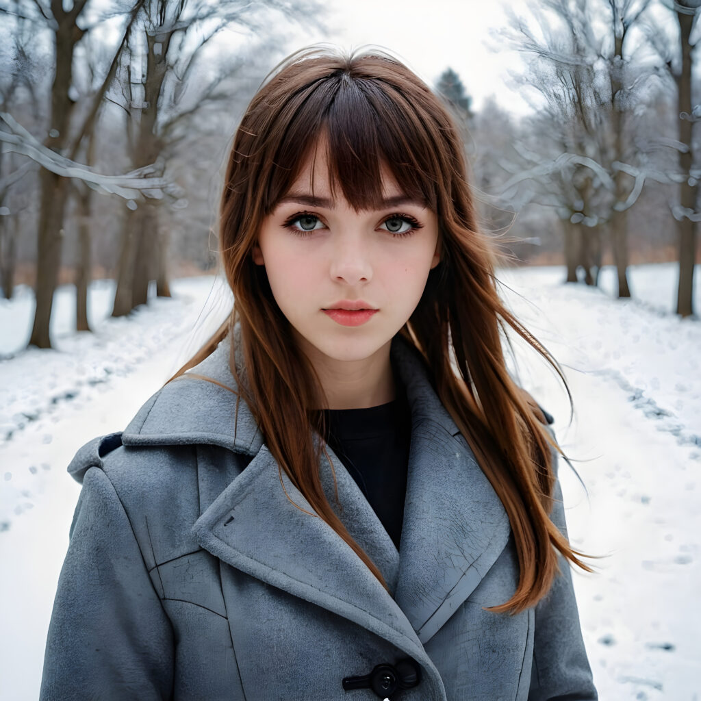 a (((teen emo girl with long, soft brown hair in bangs cut, amber eyes, full lips, she looks seductively at the viewer))), dressed in a (((grey winter coat))), set against a fantastical, snow-covered landscape that exudes a whimsically enchanting atmosphere