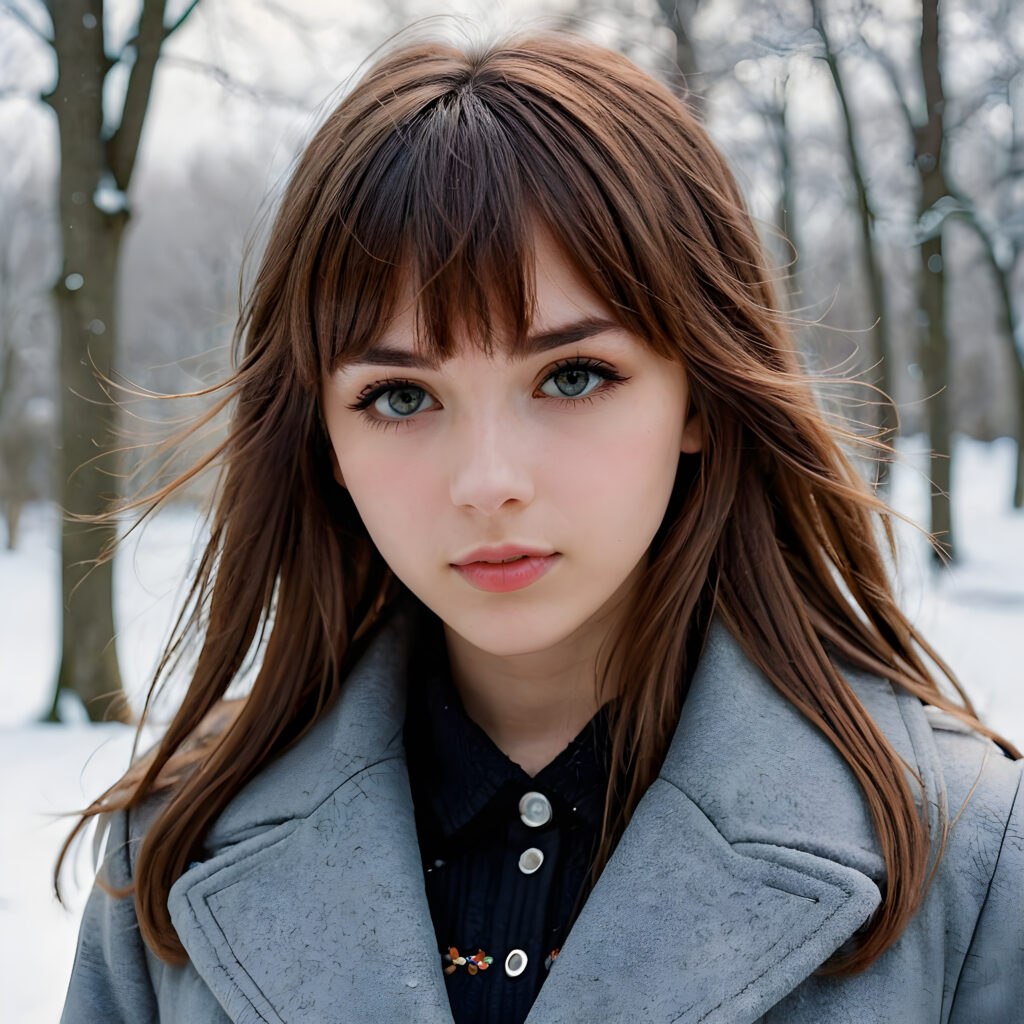 a (((teen emo girl with long, soft brown hair in bangs cut, amber eyes, full lips, she looks seductively at the viewer))), dressed in a (((grey winter coat))), set against a fantastical, snow-covered landscape that exudes a whimsically enchanting atmosphere