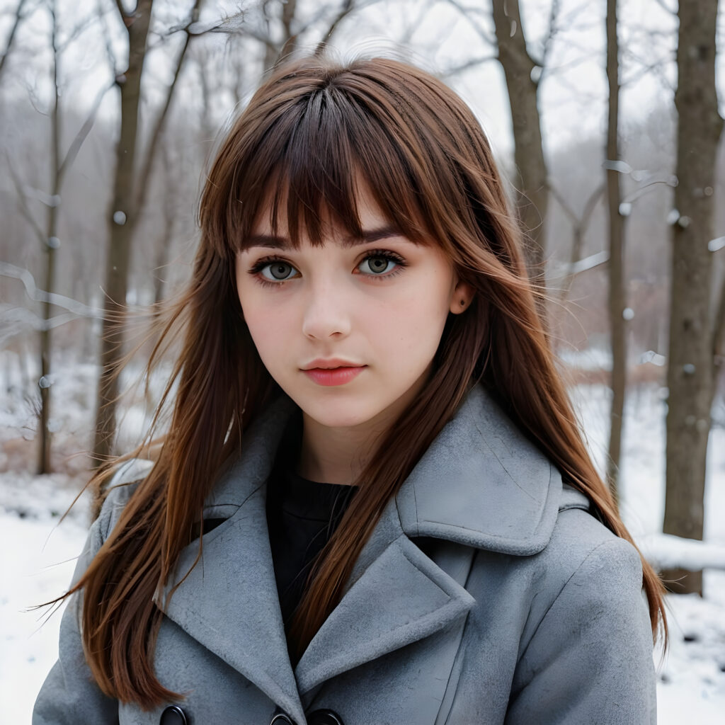 a (((teen emo girl with long, soft brown hair in bangs cut, amber eyes, full lips, she looks seductively at the viewer))), dressed in a (((grey winter coat))), set against a fantastical, snow-covered landscape that exudes a whimsically enchanting atmosphere