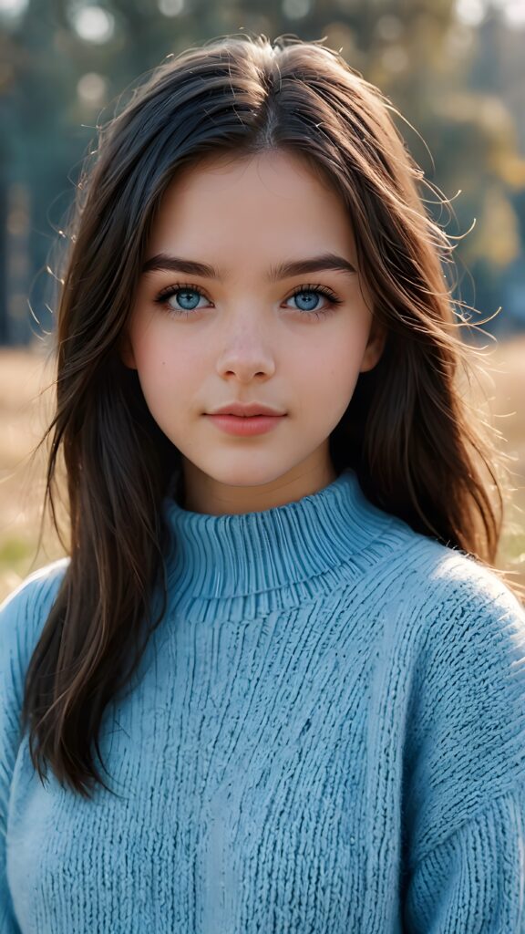 a ((teen girl)), her hair is black and with long straight haircut, full lips, soft outfit, light blue eyes, she wears a wool sweater, 4k, realistic and detailed photo