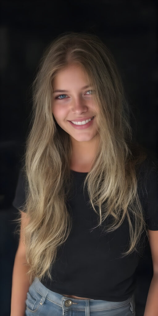 a (((teen girl))) with (((extremely long, silky wavy light blonde hair))), wearing a sleek and tight black T-Shirt that seamlessly complements her stylishly faded jeans. Her face exudes a (((soft yet inviting smile))), perfectly accentuating her ((perfectly proportioned figure)), which includes a slim waist and (extraordinary long, flowing eyelashes) that add to her (alluring charm), black backdrop that give off a (vivid color contrast) against her (natural skin tone) makeup and (crisp pearly white teeth) as the ultimate finishing touch, full body