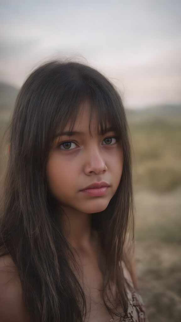 a ((teen girl)) medium silhouette shot, her hair is obsidian-black and with long straight haircut, she has glancing silver-white eyes and are orbit round, she has pouting lips, she has a soft outlook, she has a fit figure, she wears female native american clothing style, in a natural way, mood scenery background