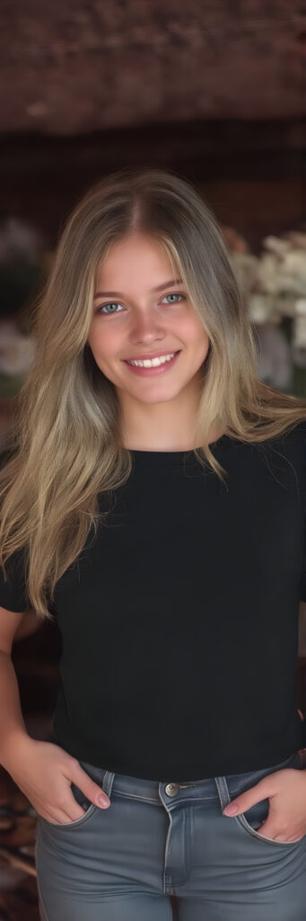 a (((teen girl))) with (((extremely long, silky wavy light blonde hair))), wearing a sleek and tight 'Black T-Shirt with World Fashion Design' that seamlessly complements her stylishly faded jeans. Her face exudes a (((soft yet inviting smile))), perfectly accentuating her ((perfectly proportioned figure)), which includes a slim waist and (extraordinary long, flowing eyelashes) that add to her (alluring charm). The backdrop is a (clearly detailed and highly realistic) setting that perfectly captures the essence of modern luxury and fashion, with (interwoven textures) and (distinctive patterns) that give off a (vivid color contrast) against her (natural skin tone) makeup and (crisp pearly white teeth) as the ultimate finishing touch, full body