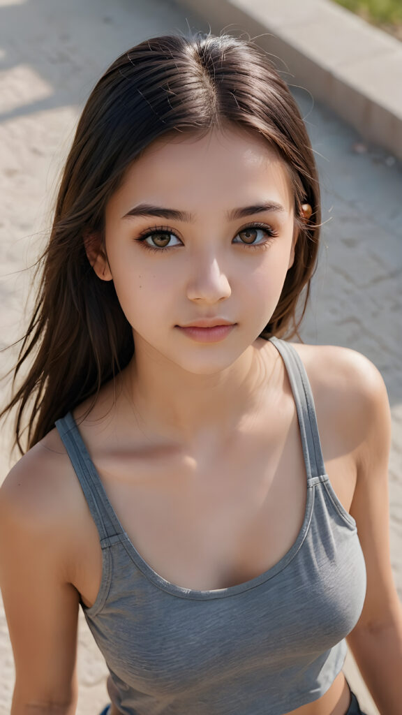 a (((teen girl))) with long, straight luxurious obsidian hair and softly arched eyebrows, framing piercingly beautiful, ((light brown eyes)), ((she wears a grey soft and short cropped tank top)) ((view from above))