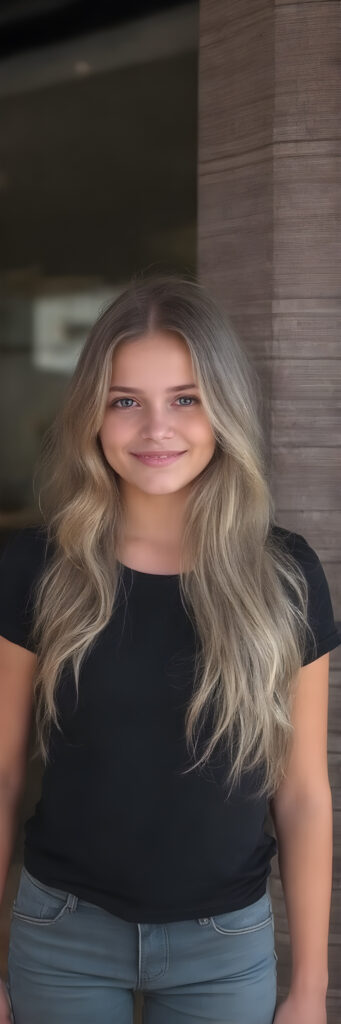 a (((teen girl))) with (((extremely long, silky wavy light blonde hair))), wearing a sleek and tight 'Black T-Shirt with World Fashion Design' that seamlessly complements her stylishly faded jeans. Her face exudes a (((soft yet inviting smile))), perfectly accentuating her ((perfectly proportioned figure)), which includes a slim waist and (extraordinary long, flowing eyelashes) that add to her (alluring charm). The backdrop is a (clearly detailed and highly realistic) setting that perfectly captures the essence of modern luxury and fashion, with (interwoven textures) and (distinctive patterns) that give off a (vivid color contrast) against her (natural skin tone) makeup and (crisp pearly white teeth) as the ultimate finishing touch, full body