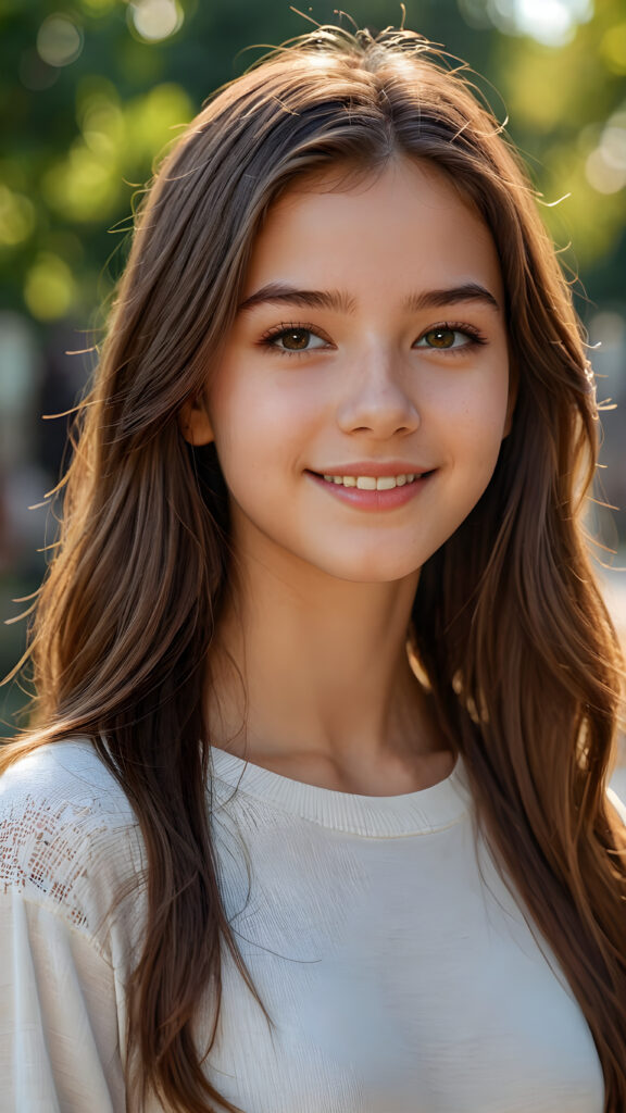 a teen girl, 14 years old, realistic detailed straight brown hair, realistic face, perfect curved body, lightly dressed, beautiful saturation, ultra high resolution, deep shadow, (best quality, masterpiece), highly detailed, looking at viewer, warm smile, 4k, ((portrait shot)) (((gorgeous))) ((attractive)) ((stunning))