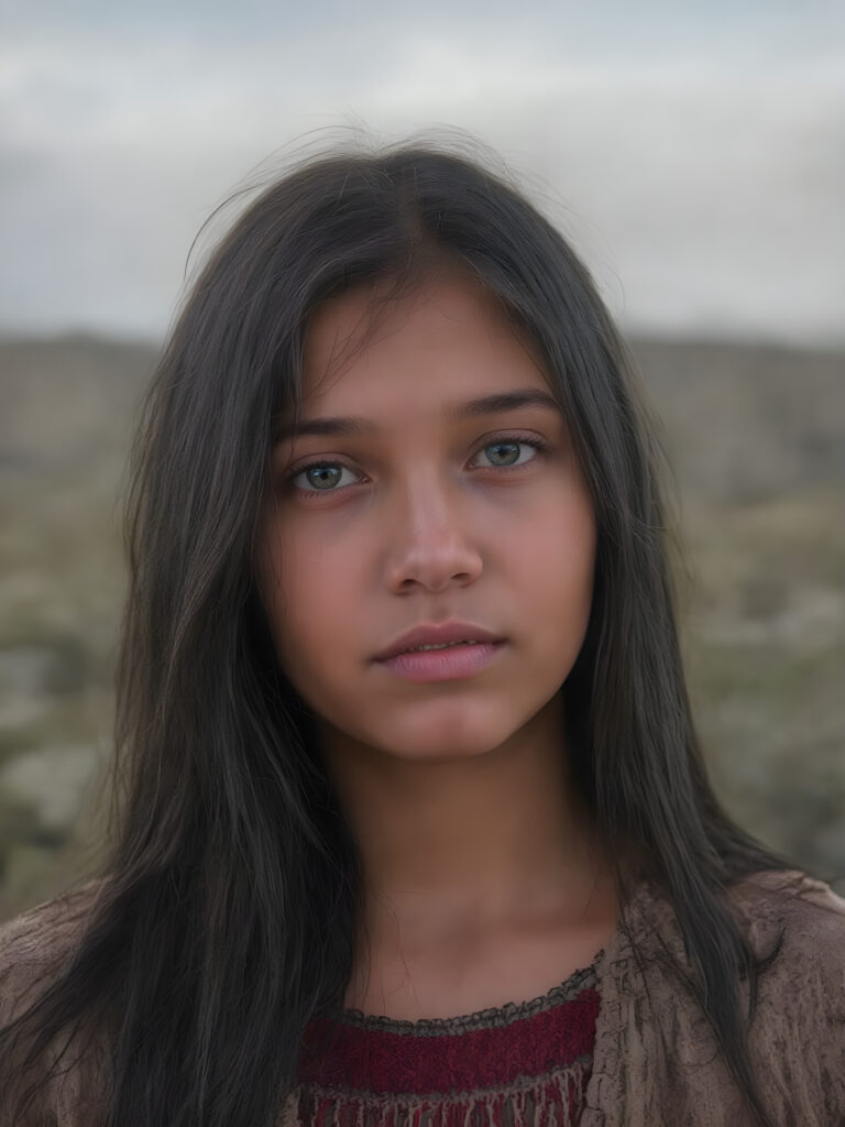 a ((teen girl)) realistic upper body portrait shot, her hair is obsidian-black and with long straight haircut, she has glancing silver-white eyes and are orbit round, she has pouting lips, she has a soft outlook, she has a fit figure, she wears female native american clothing style, in a natural way, mood scenery background