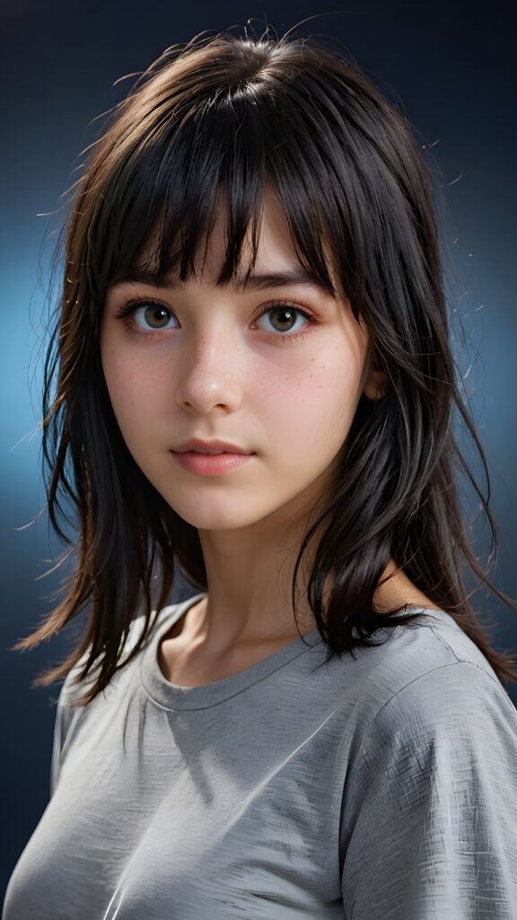 a (((teen girl with bangs cut))), (((vividly drawn long, straight soft messy black hair))) that reflects the light in a (((professional night photograph))), age 13, is depicted with exquisite detail, her face softly angelic yet realistically defined, big round eyes, wearing a (super short, sleek grey T-shirt, perfect curved body) against a blue backdrop, ((side view))