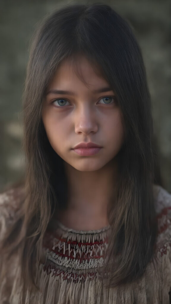 a ((teen girl)) medium silhouette shot, her hair is obsidian-black and with long straight haircut, she has glancing silver-white eyes and are orbit round, she has pouting lips, she has a soft outlook, she has a fit figure, she wears female native american clothing style, in a natural way, mood scenery background