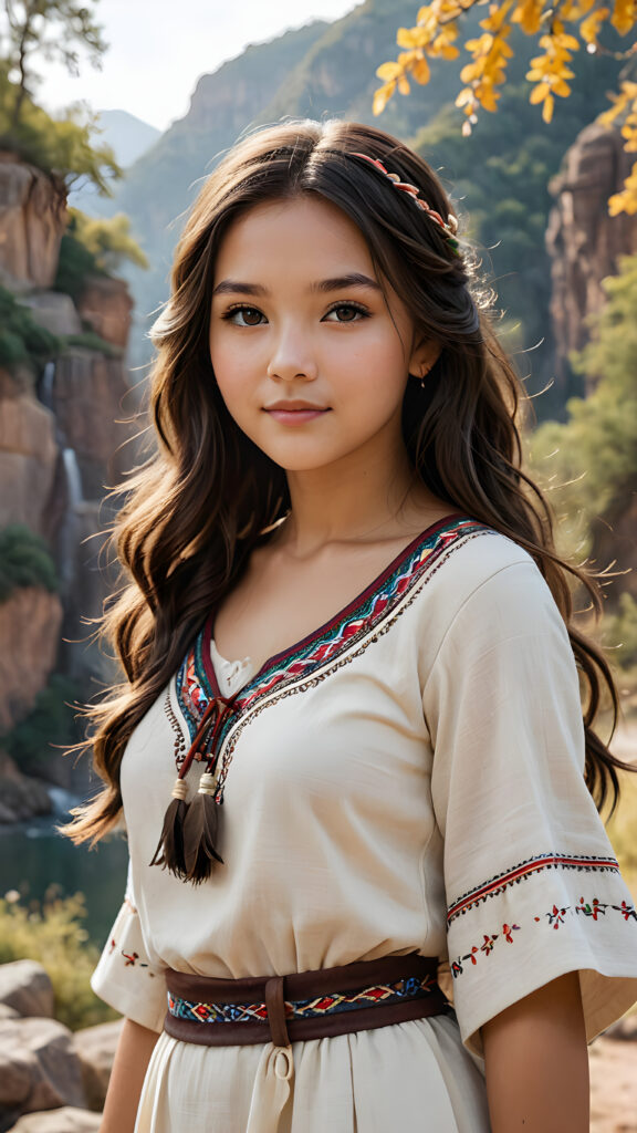 a ((teen girl)), medium silhouette shot, female native american clothing style, realistic detailed angelic round face, slight smile, natural dark hair, wavy straight flowing super soft hair, fit body, mood scenery background, hyper realistic, high quality, ((realistic)), ((detailed)), ((matching)), ((aligned)), coordinated, (symmetrical), (((evenly-sized)))