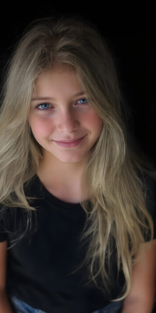 a (((teen girl))) with (((extremely long, silky wavy light blonde hair))), wearing a sleek and tight black T-Shirt that seamlessly complements her stylishly faded jeans. Her face exudes a (((soft yet inviting smile))), perfectly accentuating her ((perfectly proportioned figure)), which includes a slim waist and (extraordinary long, flowing eyelashes) that add to her (alluring charm), black backdrop that give off a (vivid color contrast) against her (natural skin tone) makeup and (crisp pearly white teeth) as the ultimate finishing touch, full body