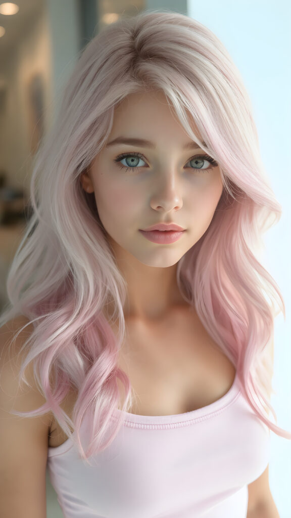 a (((teen girl))), ((light pink long wavy hair)), that flows elegantly, framing her delicate, ((barely there face)), which exudes a youthful vibrancy, short cropped tank top that accentuates her natural beauty and her perfect body, contrasting against the sleek and modern backdrop of a (hyper realistic, 8K rendering) for a stunning, high-quality image