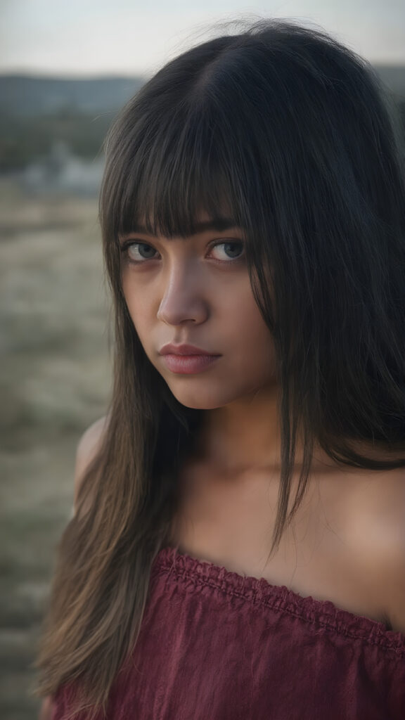 a ((teen girl)) medium silhouette shot, her hair is obsidian-black and with long straight haircut, she has glancing silver-white eyes and are orbit round, she has pouting lips, she has a soft outlook, she has a fit figure, she wears female native american clothing style, in a natural way, mood scenery background